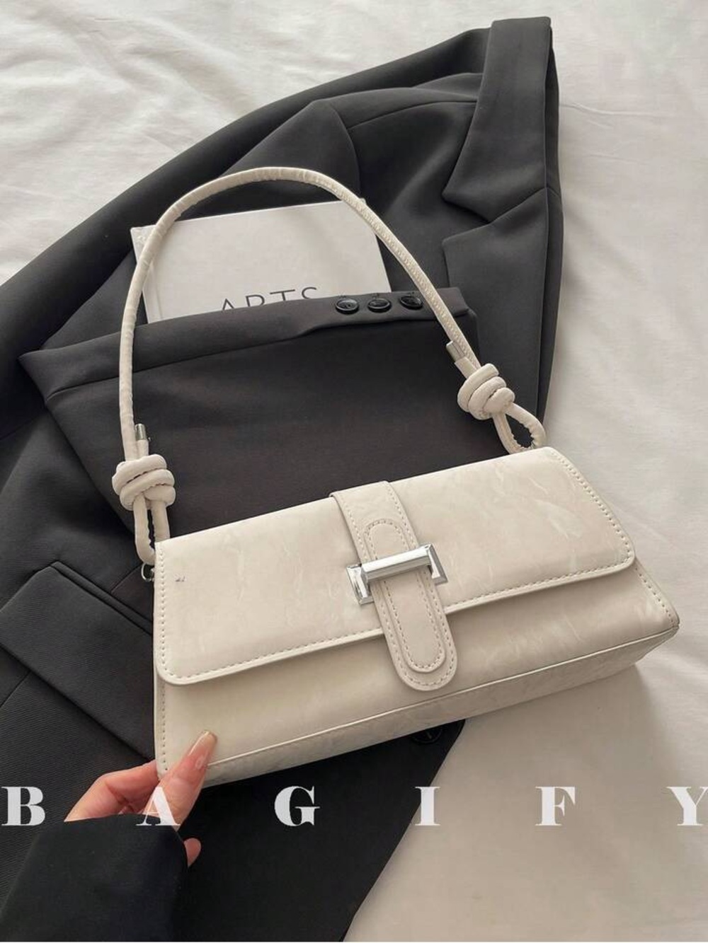 Classic White Shoulder Bag with Buckle Detail